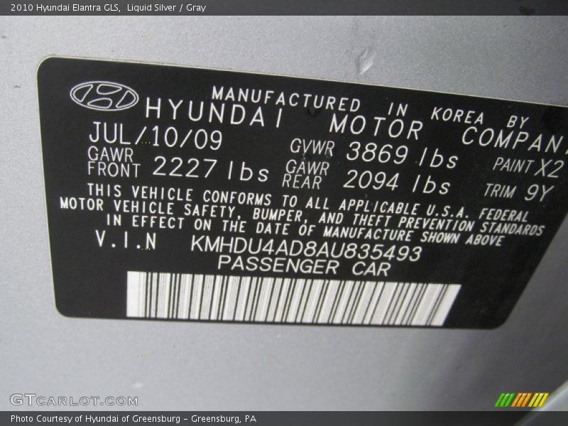 Liquid Silver / Gray 2010 Hyundai Elantra GLS