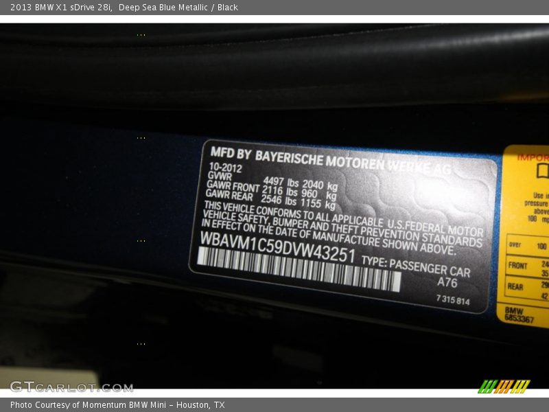 2013 X1 sDrive 28i Deep Sea Blue Metallic Color Code A76