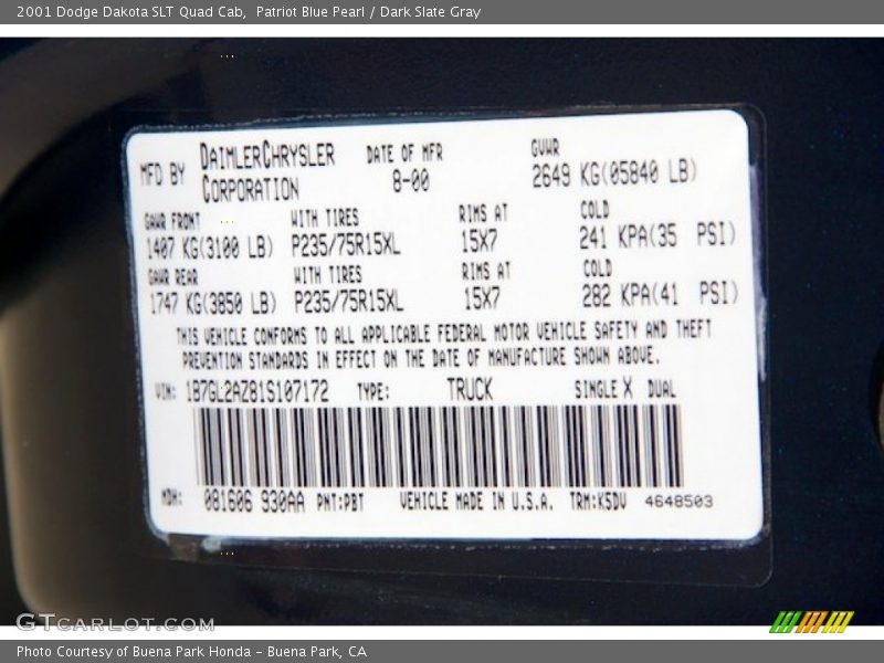 2001 Dakota SLT Quad Cab Patriot Blue Pearl Color Code PBT