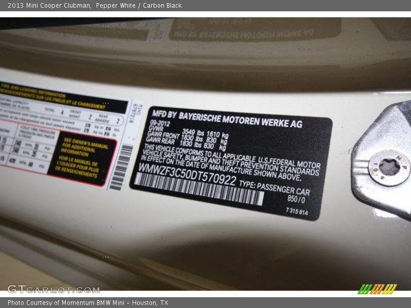2013 Cooper Clubman Pepper White Color Code 850