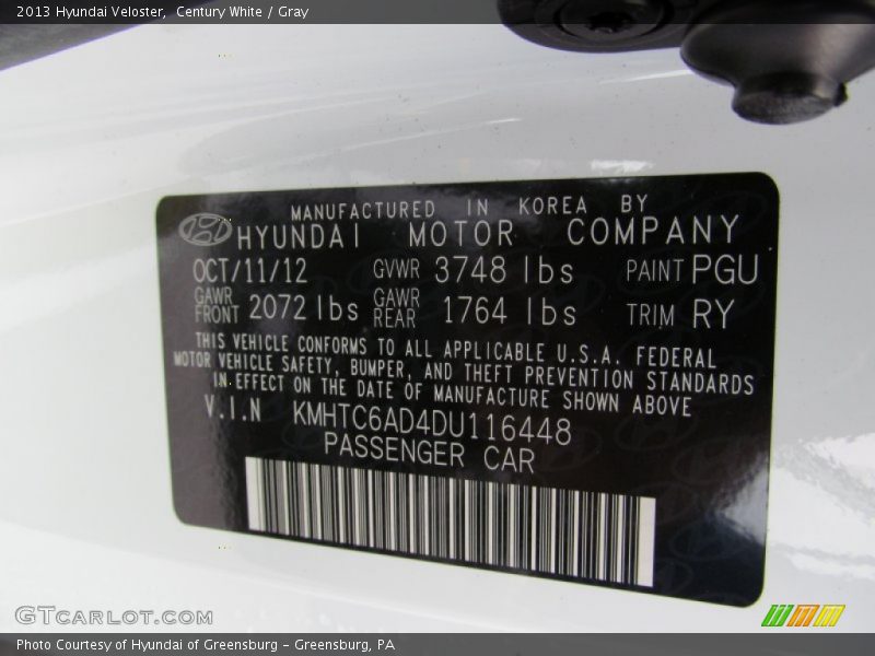 Century White / Gray 2013 Hyundai Veloster