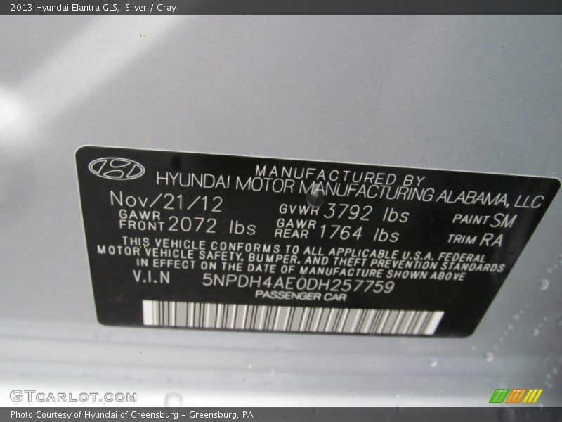 Silver / Gray 2013 Hyundai Elantra GLS