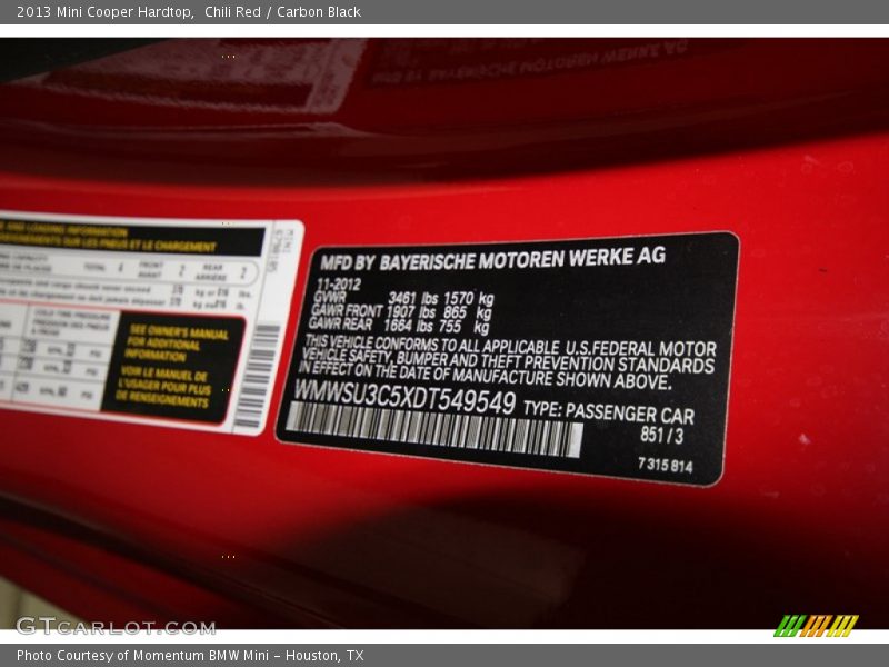 Chili Red / Carbon Black 2013 Mini Cooper Hardtop