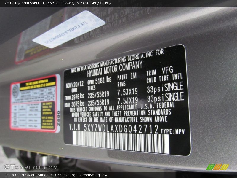2013 Santa Fe Sport 2.0T AWD Mineral Gray Color Code VFG