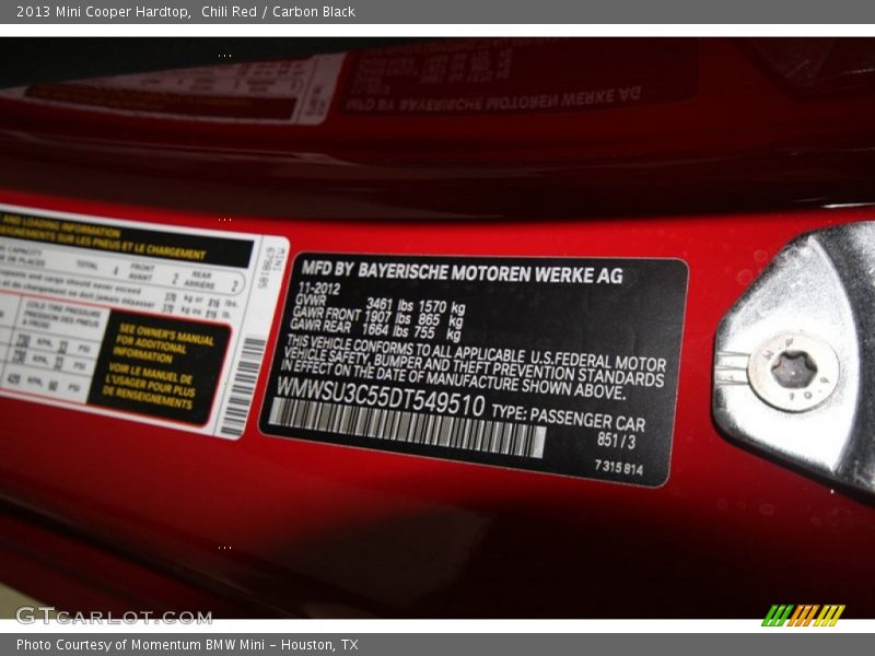 Chili Red / Carbon Black 2013 Mini Cooper Hardtop
