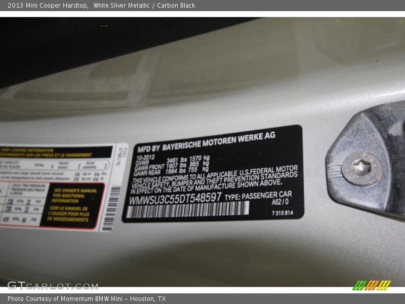 White Silver Metallic / Carbon Black 2013 Mini Cooper Hardtop