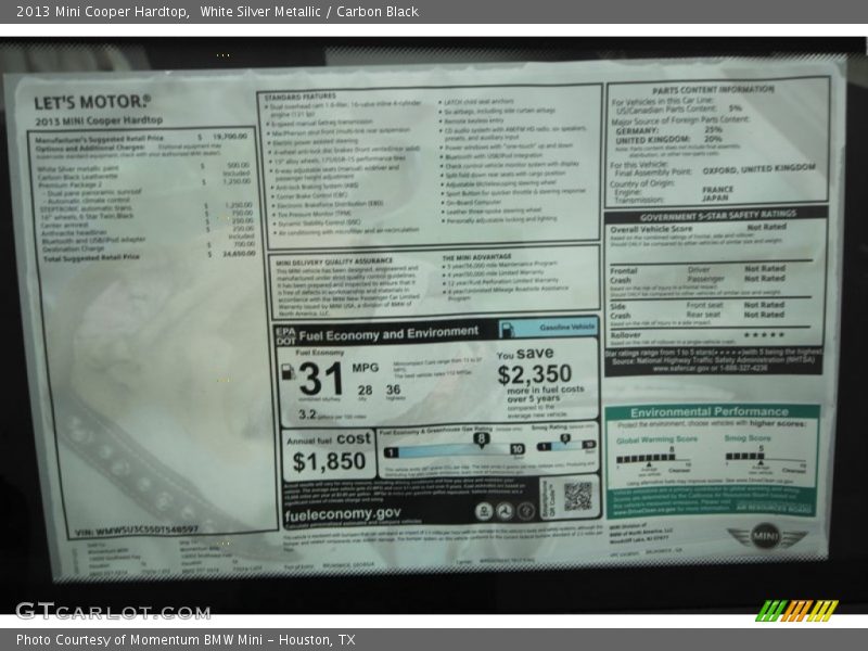 White Silver Metallic / Carbon Black 2013 Mini Cooper Hardtop