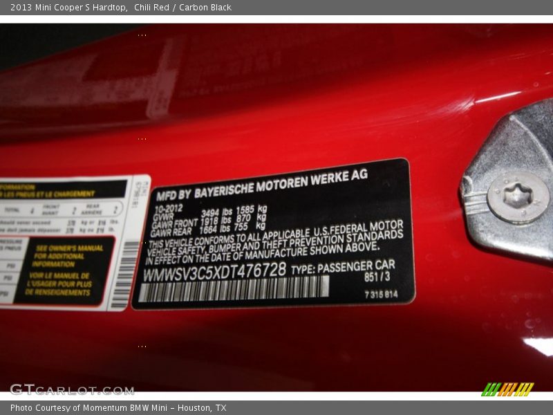 Chili Red / Carbon Black 2013 Mini Cooper S Hardtop