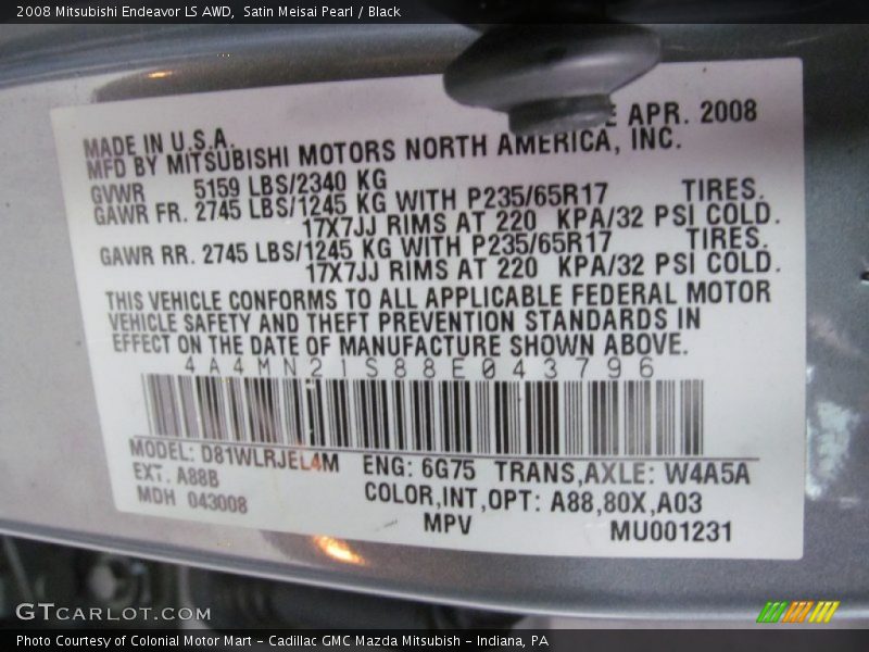 2008 Endeavor LS AWD Satin Meisai Pearl Color Code A88