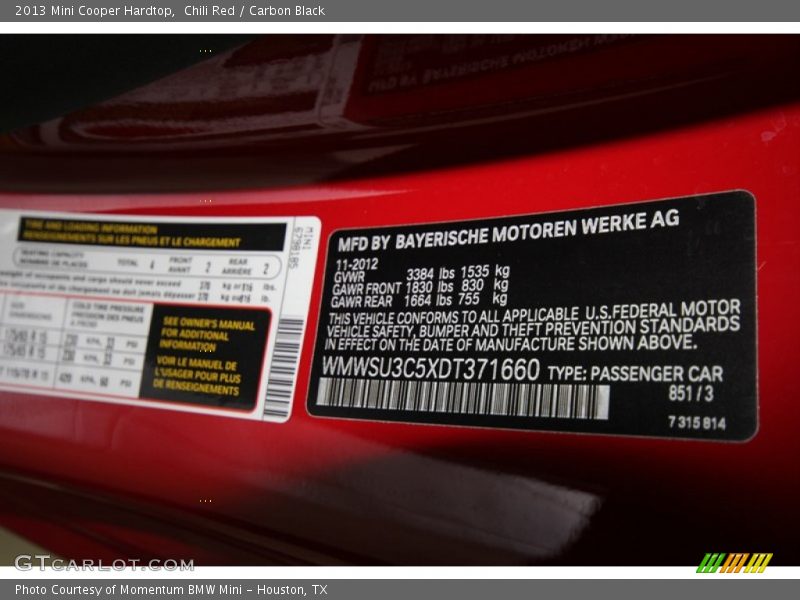 Chili Red / Carbon Black 2013 Mini Cooper Hardtop