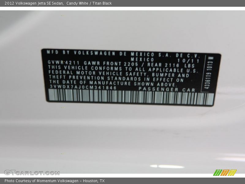 Candy White / Titan Black 2012 Volkswagen Jetta SE Sedan
