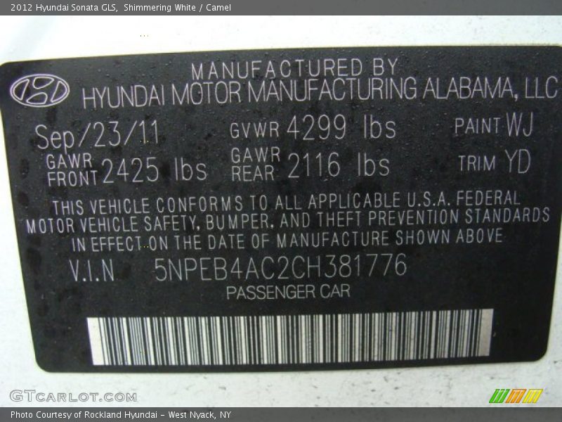 Shimmering White / Camel 2012 Hyundai Sonata GLS