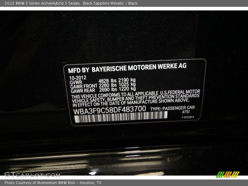 Black Sapphire Metallic / Black 2013 BMW 3 Series ActiveHybrid 3 Sedan