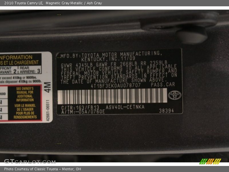 Magnetic Gray Metallic / Ash Gray 2010 Toyota Camry LE