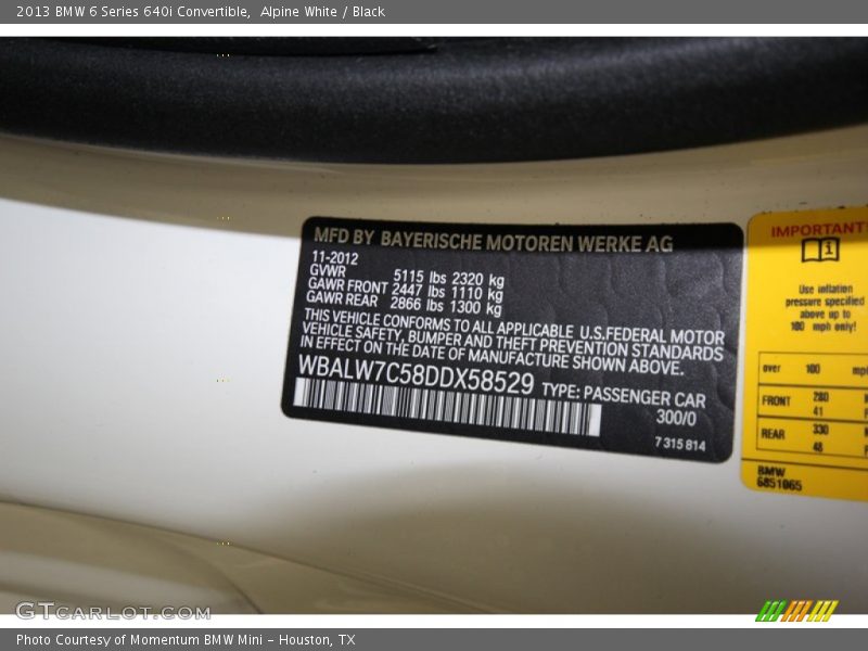 2013 6 Series 640i Convertible Alpine White Color Code 300
