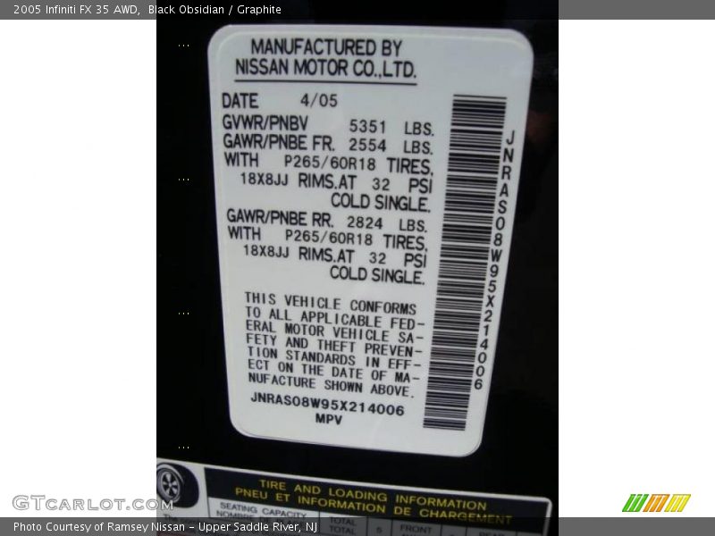 Black Obsidian / Graphite 2005 Infiniti FX 35 AWD