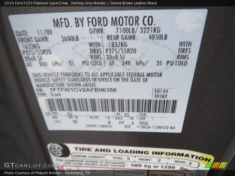 2010 F150 Platinum SuperCrew Sterling Grey Metallic Color Code UJ