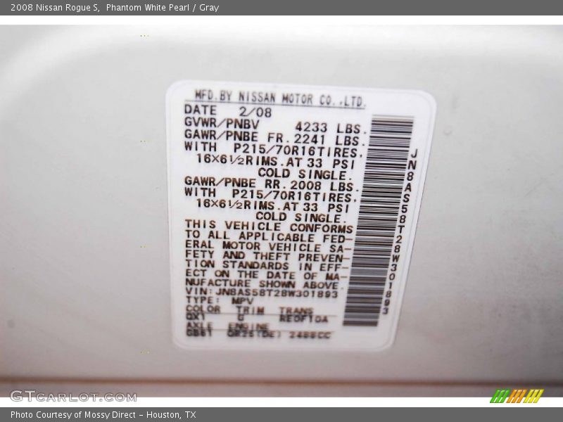 Phantom White Pearl / Gray 2008 Nissan Rogue S