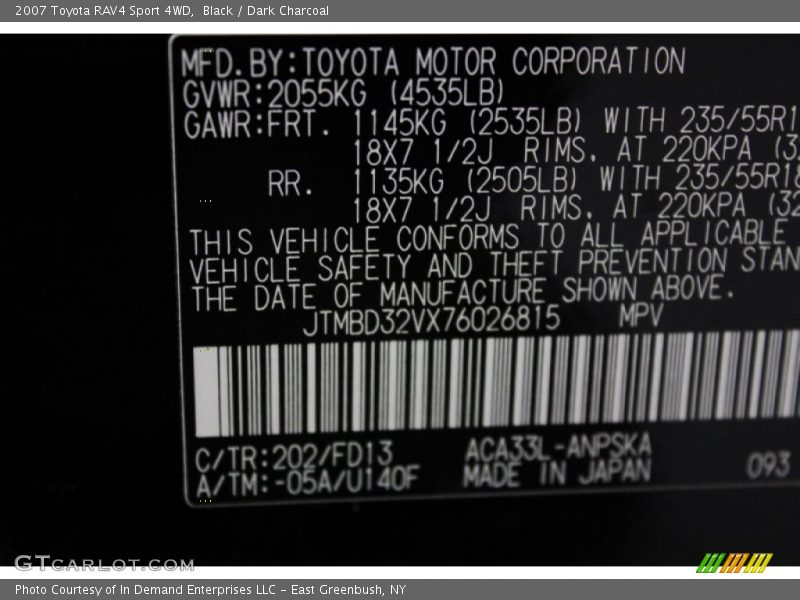 Black / Dark Charcoal 2007 Toyota RAV4 Sport 4WD