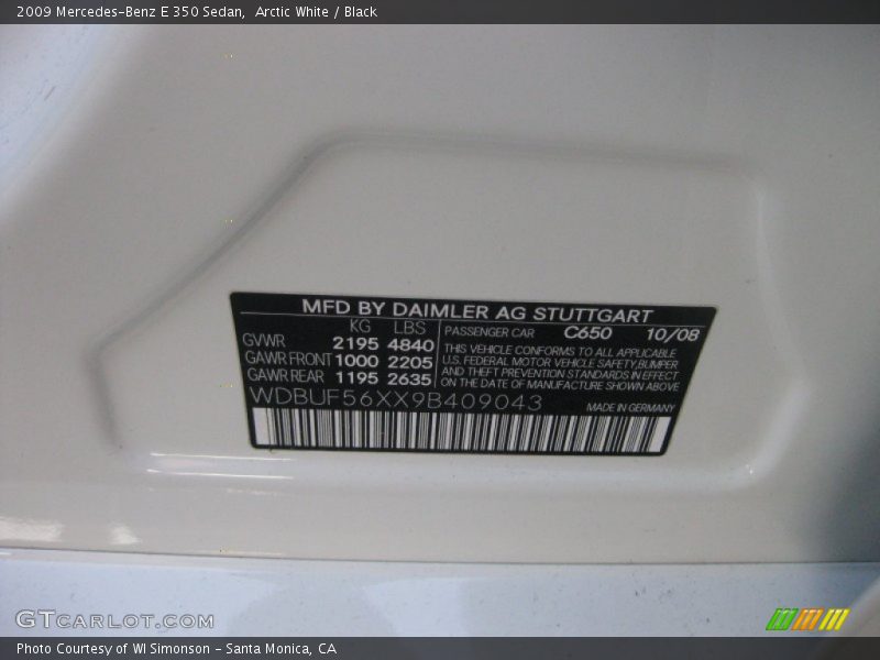 Arctic White / Black 2009 Mercedes-Benz E 350 Sedan