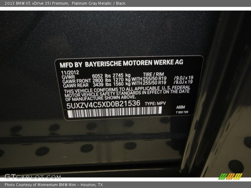 2013 X5 xDrive 35i Premium Platinum Gray Metallic Color Code A68