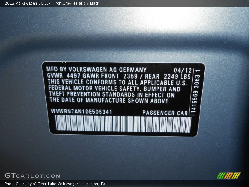 Iron Gray Metallic / Black 2013 Volkswagen CC Lux