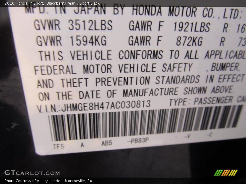 Blackberry Pearl / Sport Black 2010 Honda Fit Sport