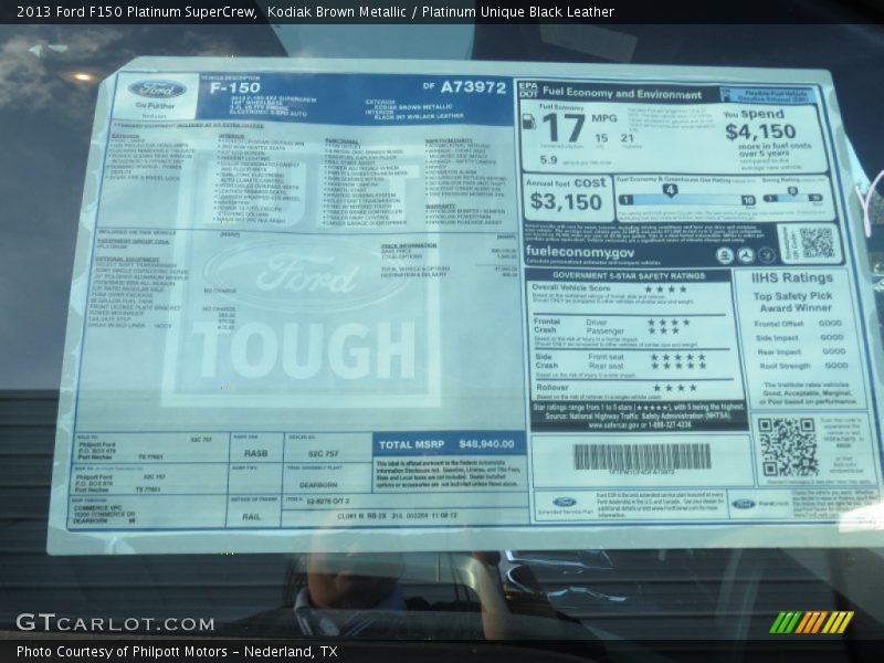 Kodiak Brown Metallic / Platinum Unique Black Leather 2013 Ford F150 Platinum SuperCrew