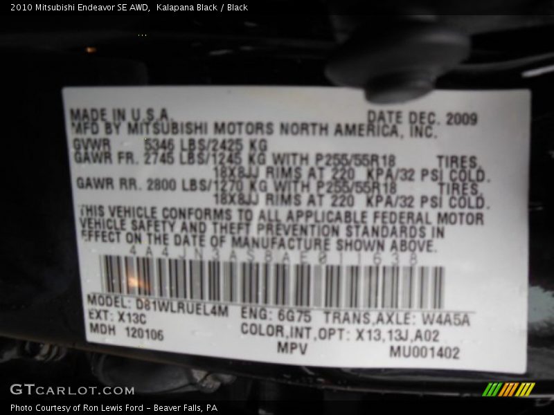 2010 Endeavor SE AWD Kalapana Black Color Code X13