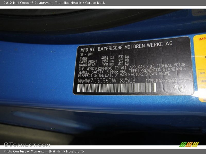 True Blue Metallic / Carbon Black 2012 Mini Cooper S Countryman