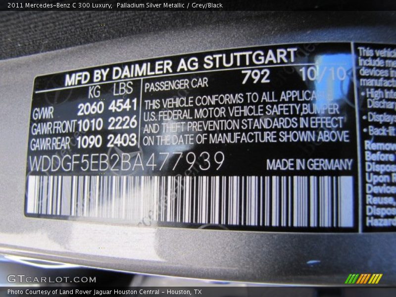 Palladium Silver Metallic / Grey/Black 2011 Mercedes-Benz C 300 Luxury