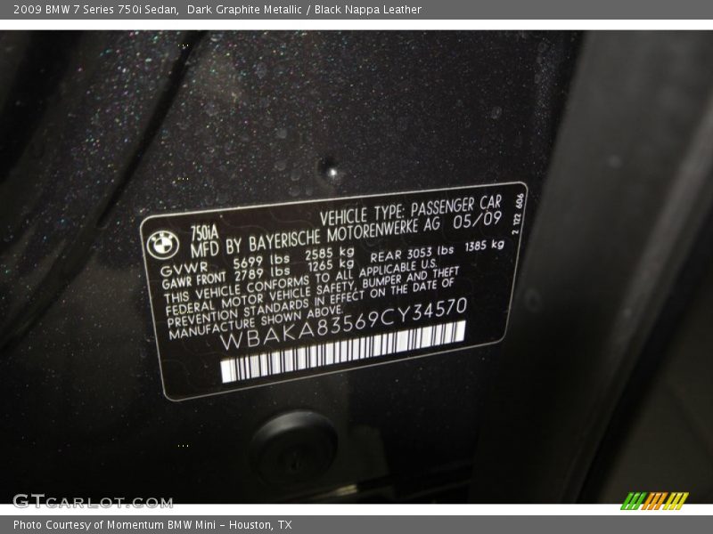 Dark Graphite Metallic / Black Nappa Leather 2009 BMW 7 Series 750i Sedan