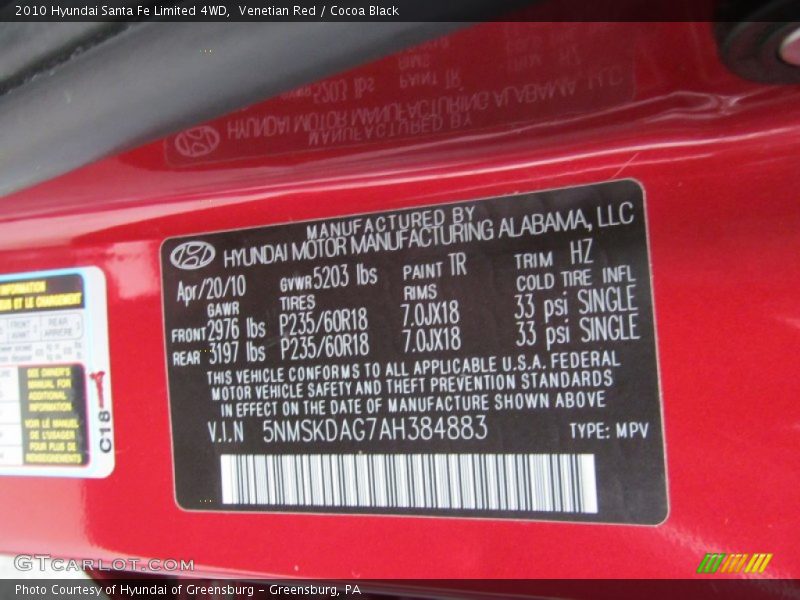 Venetian Red / Cocoa Black 2010 Hyundai Santa Fe Limited 4WD
