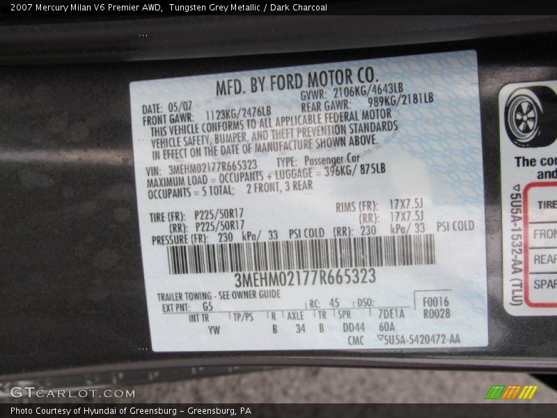 Tungsten Grey Metallic / Dark Charcoal 2007 Mercury Milan V6 Premier AWD