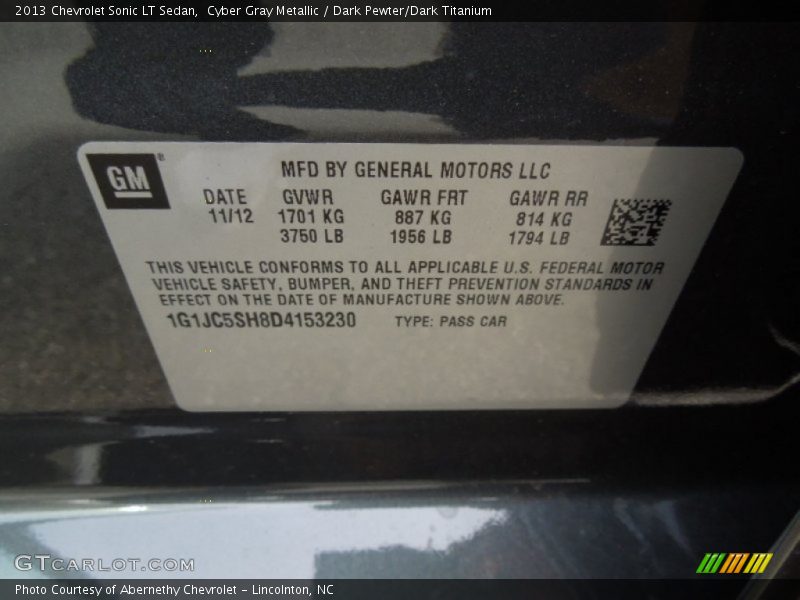 Cyber Gray Metallic / Dark Pewter/Dark Titanium 2013 Chevrolet Sonic LT Sedan