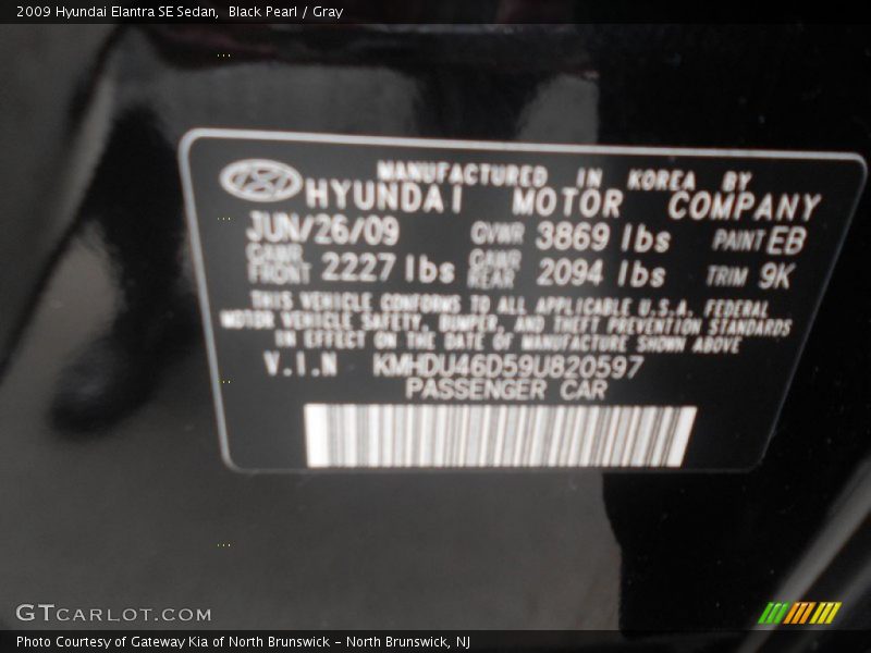 Black Pearl / Gray 2009 Hyundai Elantra SE Sedan