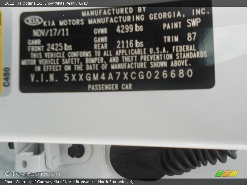 Snow White Pearl / Gray 2012 Kia Optima LX