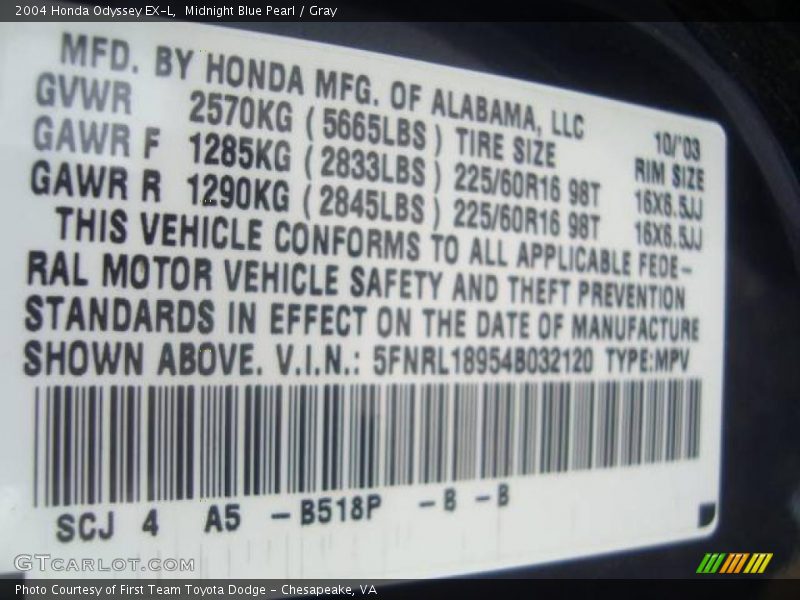 Midnight Blue Pearl / Gray 2004 Honda Odyssey EX-L