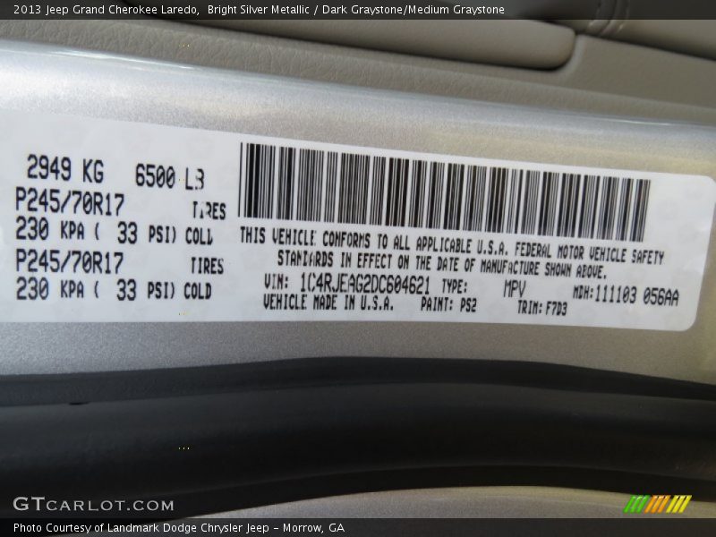 Bright Silver Metallic / Dark Graystone/Medium Graystone 2013 Jeep Grand Cherokee Laredo