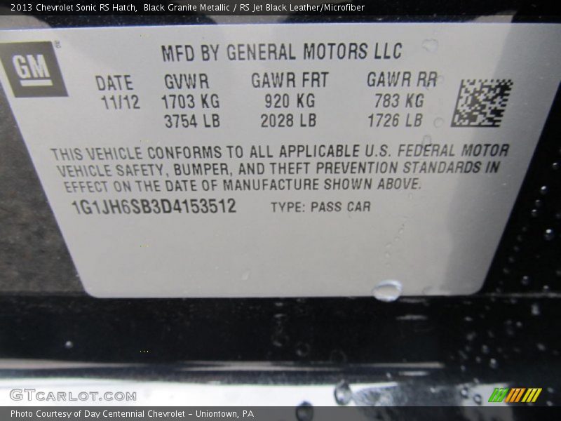 Info Tag of 2013 Sonic RS Hatch
