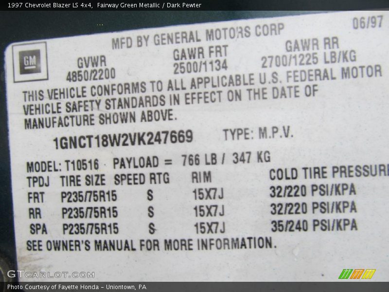 Fairway Green Metallic / Dark Pewter 1997 Chevrolet Blazer LS 4x4