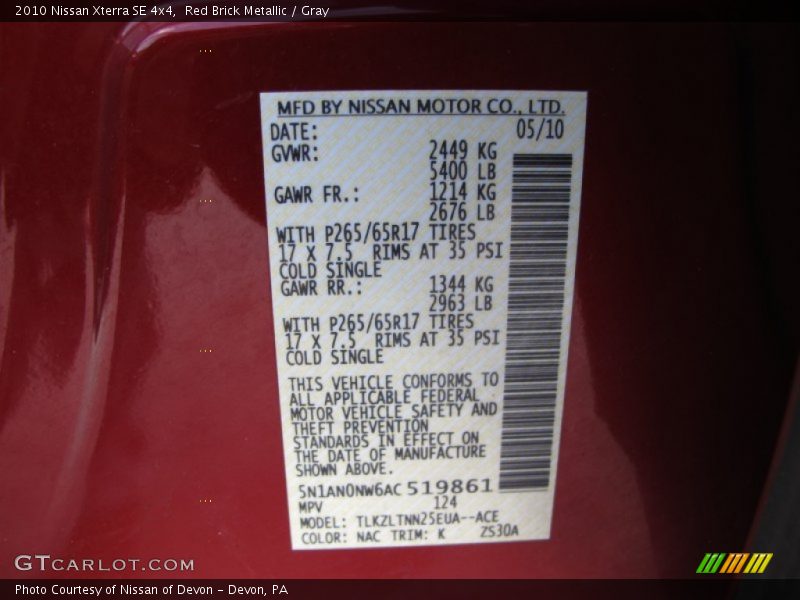 2010 Xterra SE 4x4 Red Brick Metallic Color Code NAC