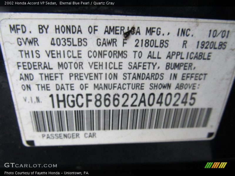 Eternal Blue Pearl / Quartz Gray 2002 Honda Accord VP Sedan