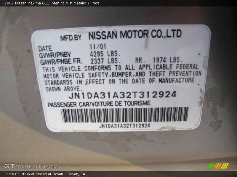 Sterling Mist Metallic / Frost 2002 Nissan Maxima GLE