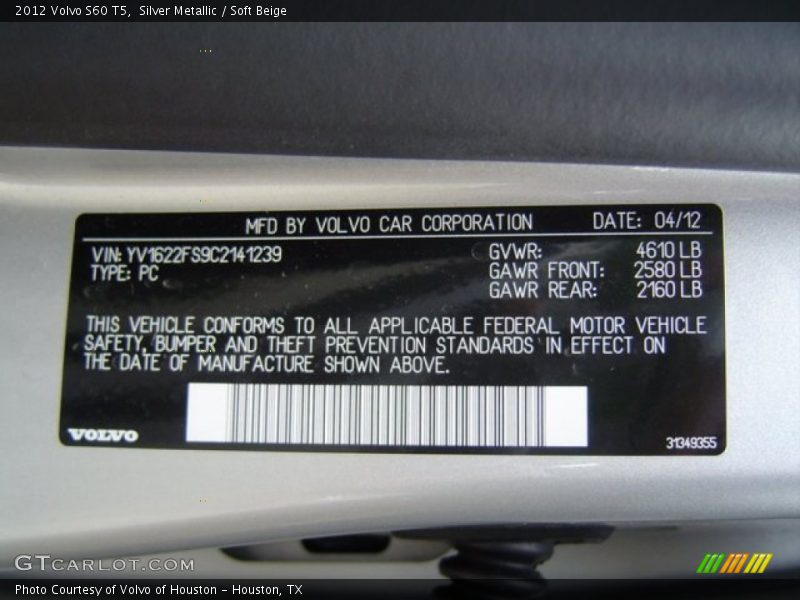 Silver Metallic / Soft Beige 2012 Volvo S60 T5