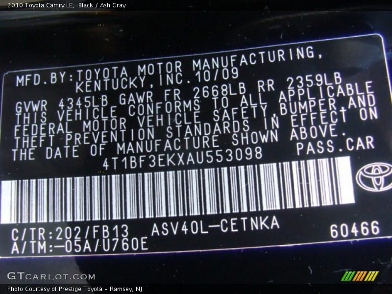Black / Ash Gray 2010 Toyota Camry LE