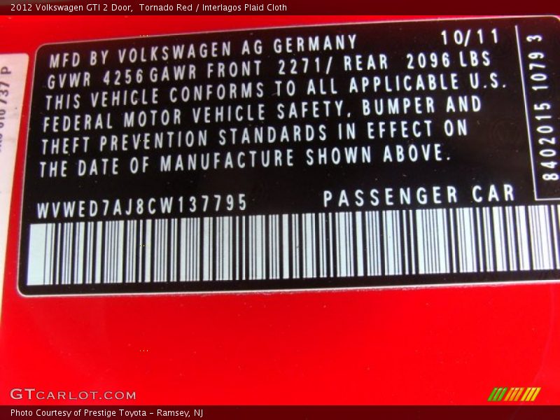 Tornado Red / Interlagos Plaid Cloth 2012 Volkswagen GTI 2 Door