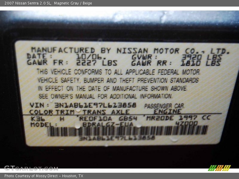 Magnetic Gray / Beige 2007 Nissan Sentra 2.0 SL