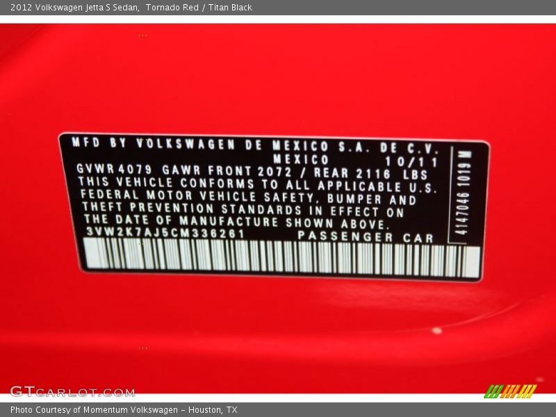 Tornado Red / Titan Black 2012 Volkswagen Jetta S Sedan