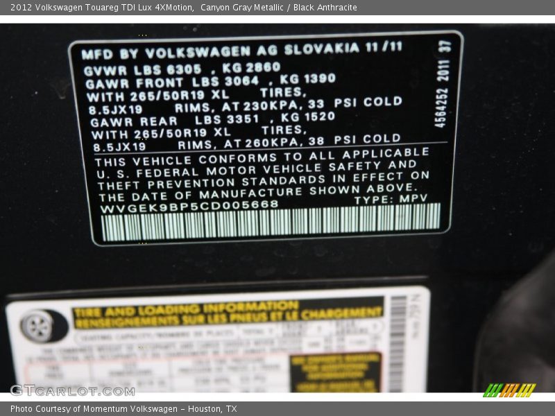 Canyon Gray Metallic / Black Anthracite 2012 Volkswagen Touareg TDI Lux 4XMotion